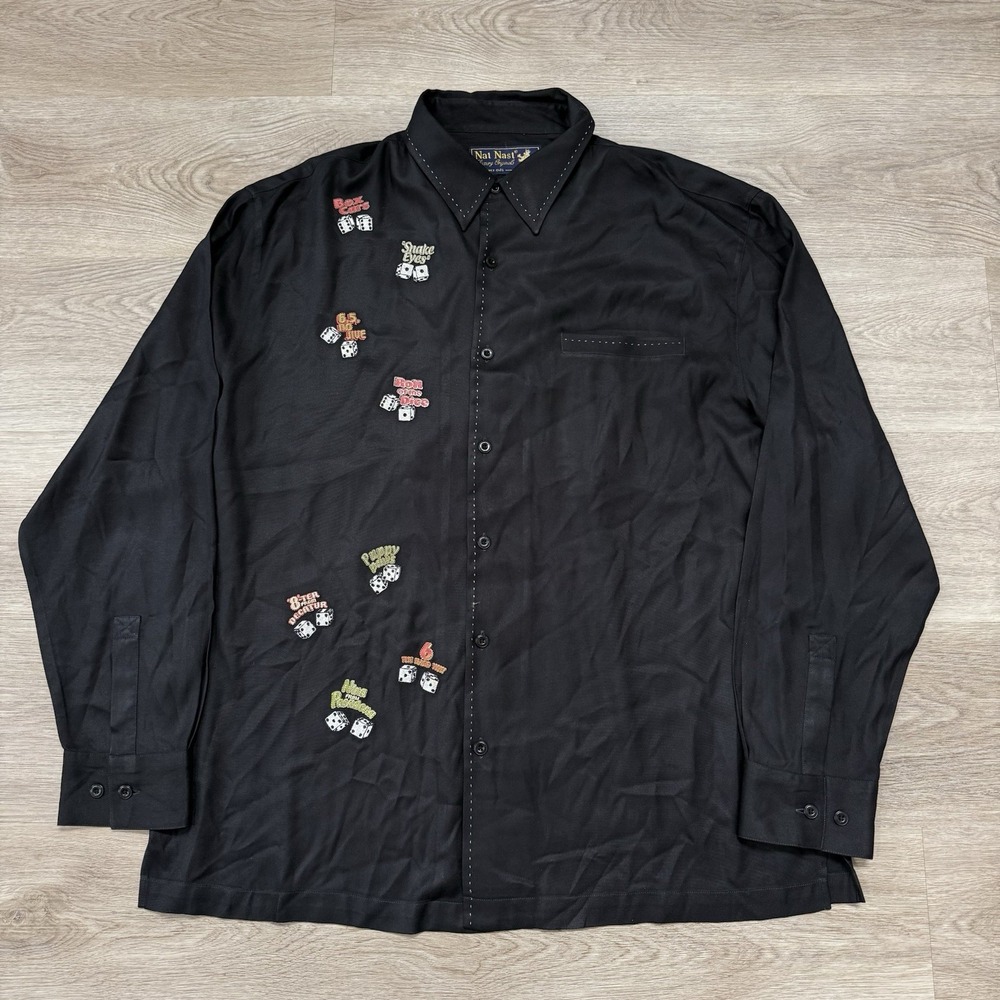 VTG Nat Nast Silk Long Sleeve Shirt Mens L Black Dice Craps Limited Edition 2004